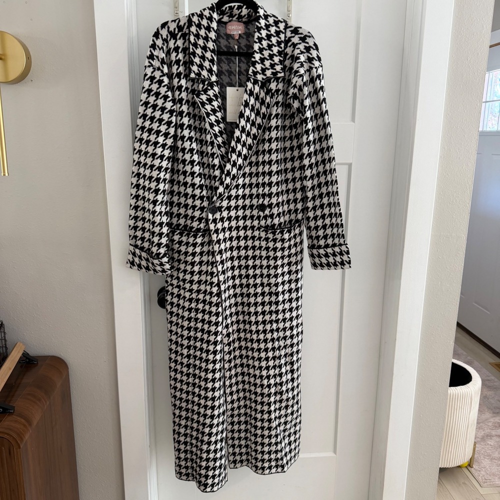 Show Me Your Mumu Shasta Sweater Trench Jacket Houndstooth Black White S Chic